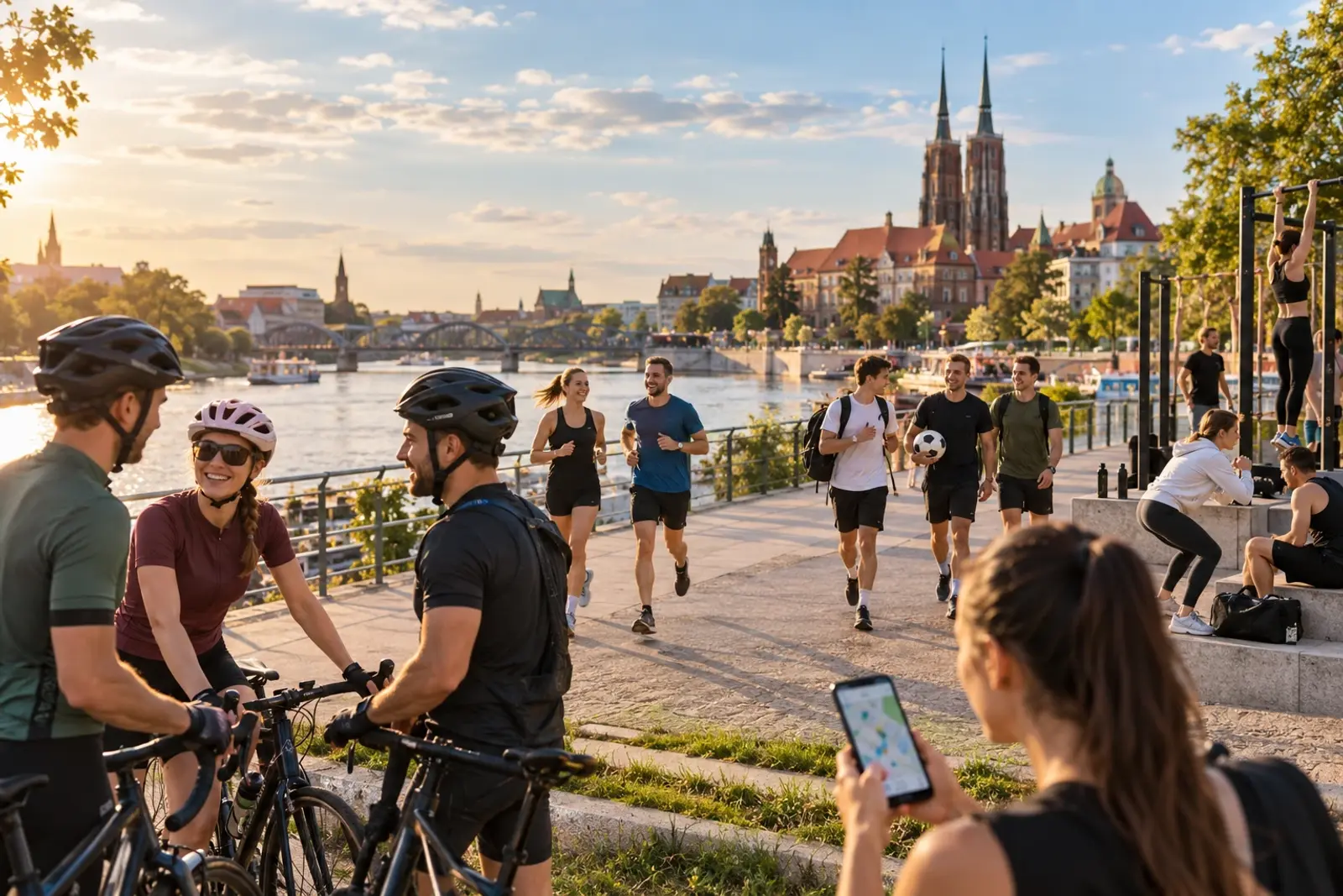 Grupa amatorów sportu spotykająca się na trening w parku we Wrocławiu