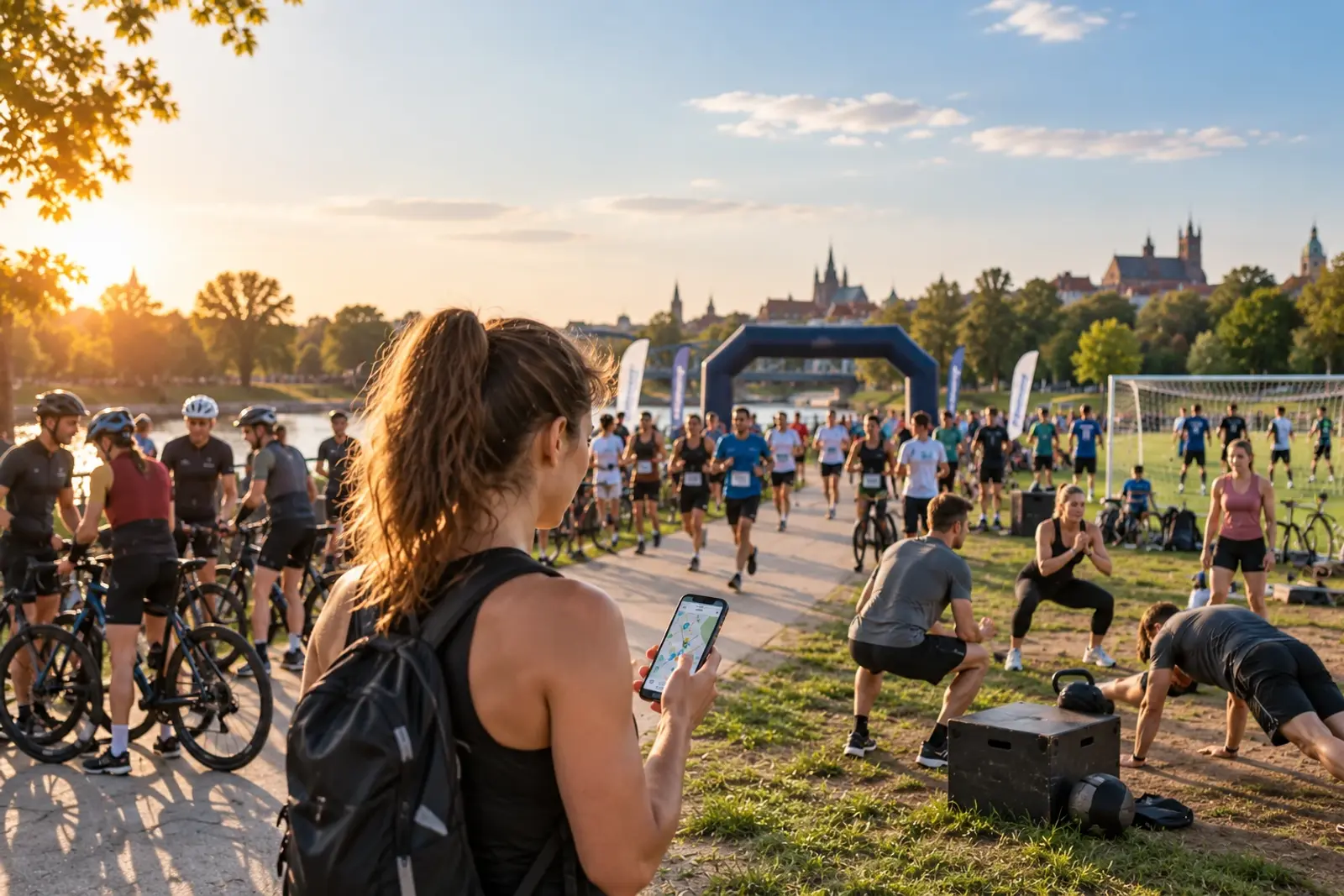 Ekran aplikacji sportowej pokazujący mapę z wydarzeniami sportowymi w tle zawodników przygotowujących się do startu